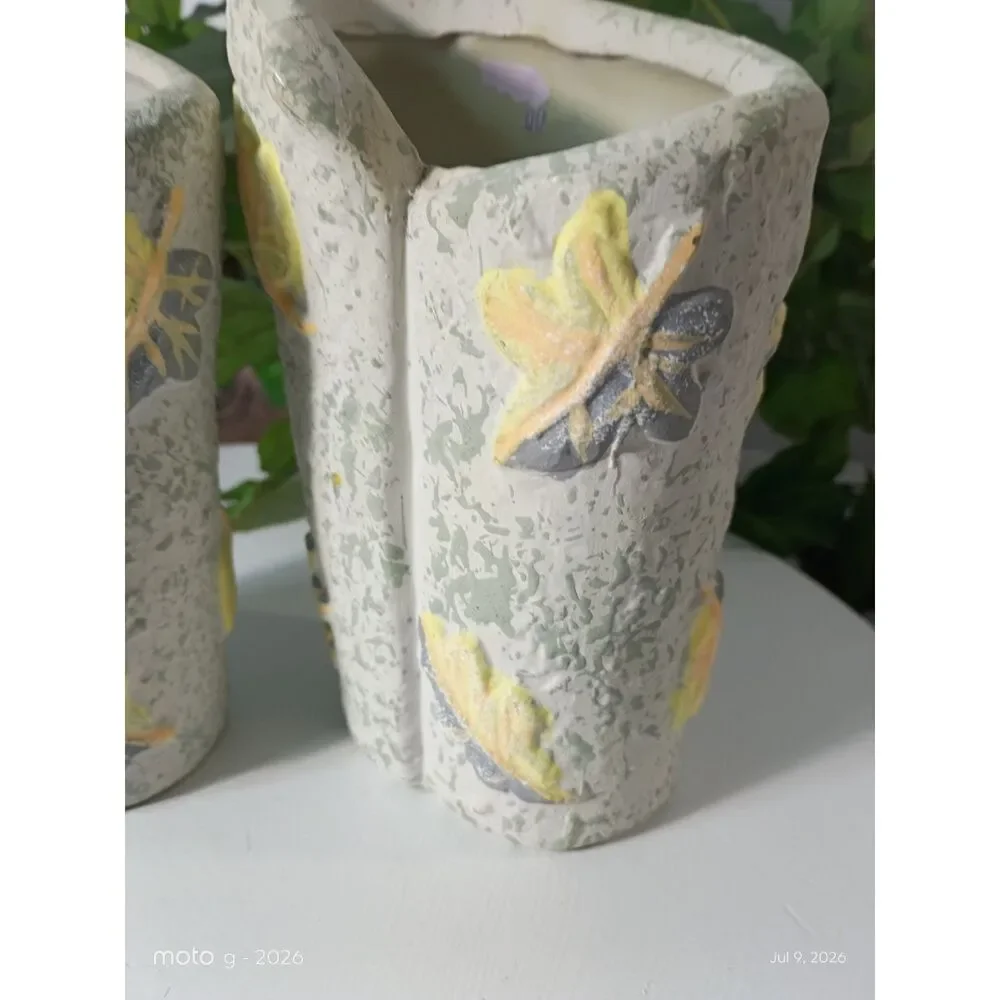 Handcrafted White Ceramic Vases with Yellow Leaves, Handpainted Clay Pottery